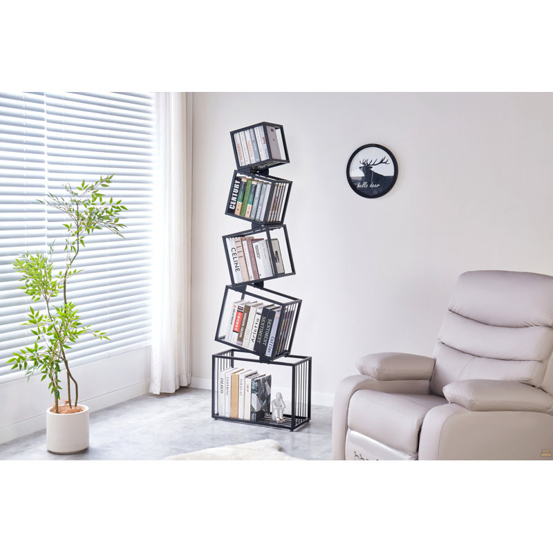 5-Tier Metal Geometric Bookshelf-Modernnarrow Floor Bookcase, Space-Savingorganizer