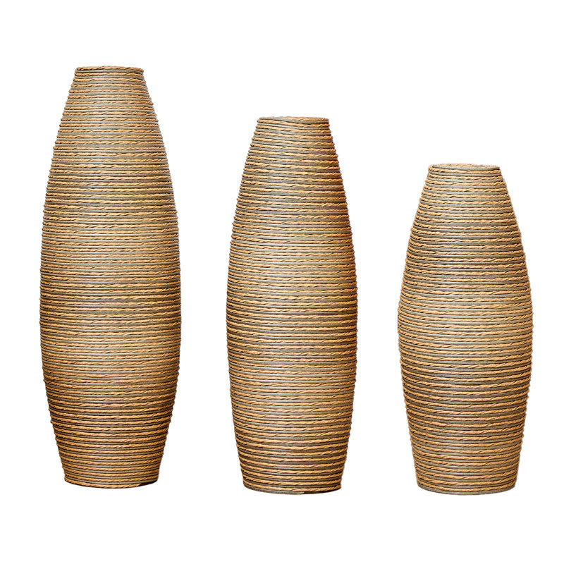 Ensemble de 3 vases de sol en PVC beige et brun avec texture rotin pour la décoration du salon