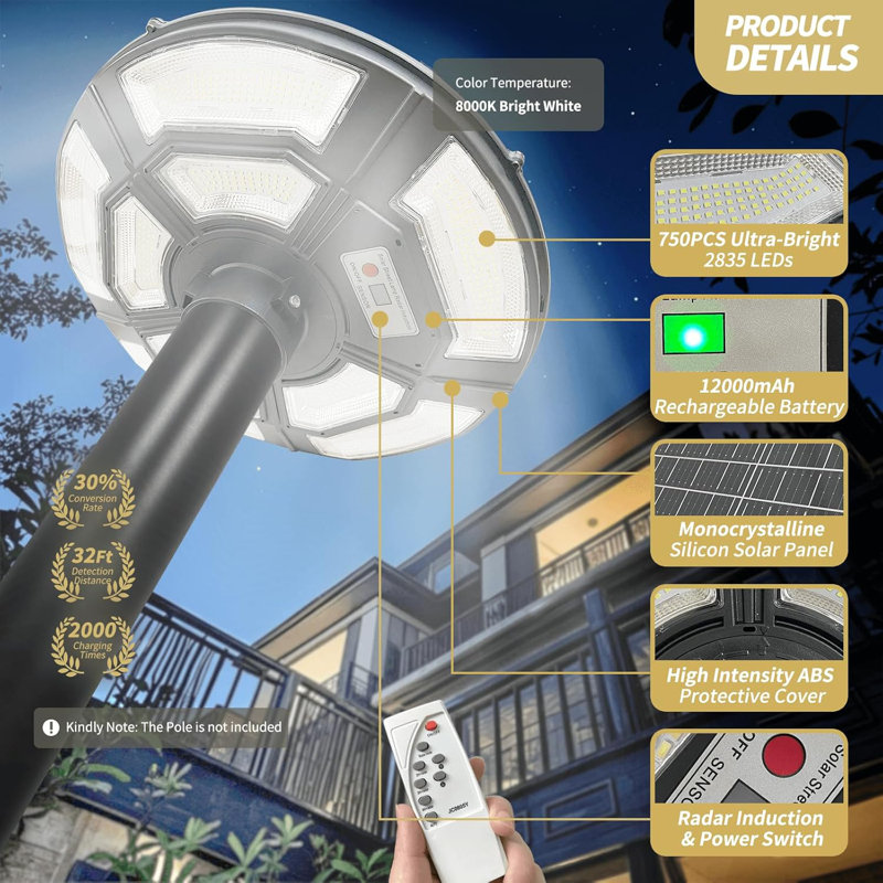 750 LED Outdoor Street Light Head Replacement with Remote, Solar Powered, No Wiring Required