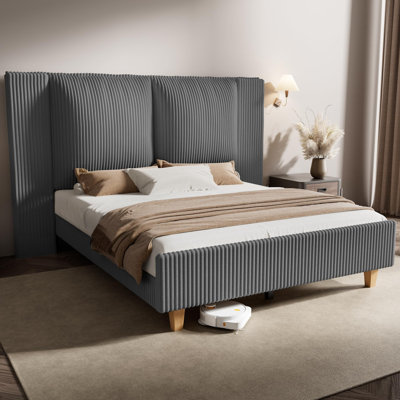 Corduroy Upholstered Bed with  Tall Upholstered Headboard