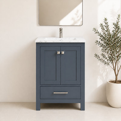 Ensemble de meuble-lavabo autoportant Amandie 24 po gris anthracite avec plateau en marbre de Carrare