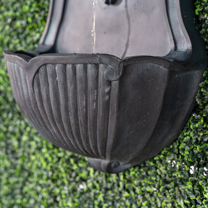 29.9 in. Solar-Powered Wall-Mounted Lion Head Waterfall Fountain, Resin, Outdoor, Gray