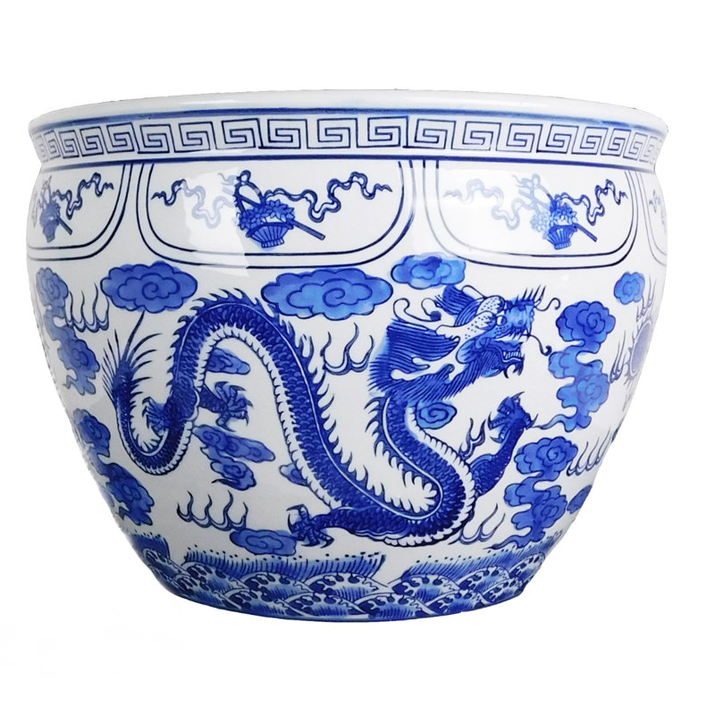 Blue and White Porcelain Fishbowl with Dragon Design, 11" H x 14" W x 14" D