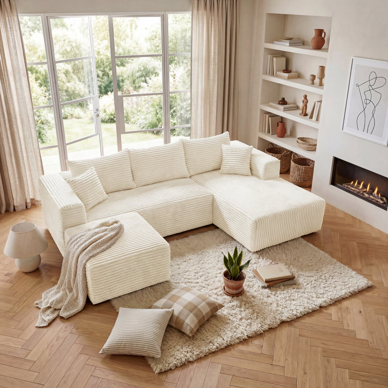 Canapé modulaire en U modulaire en forme de U, canapé en flanelle rembourré avec repose-pieds et ressorts ensachés, canapé modulaire à compression avec 5 coussins sans assemblage, beige