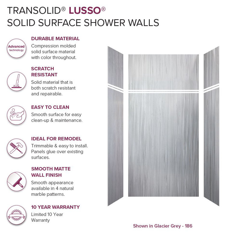 Transolid Lusso 48-in x 36-in x 72/24-in Glue To Wall 6-Piece Transition Shower Wall Kit, Glacier Grey, Glacier Gray