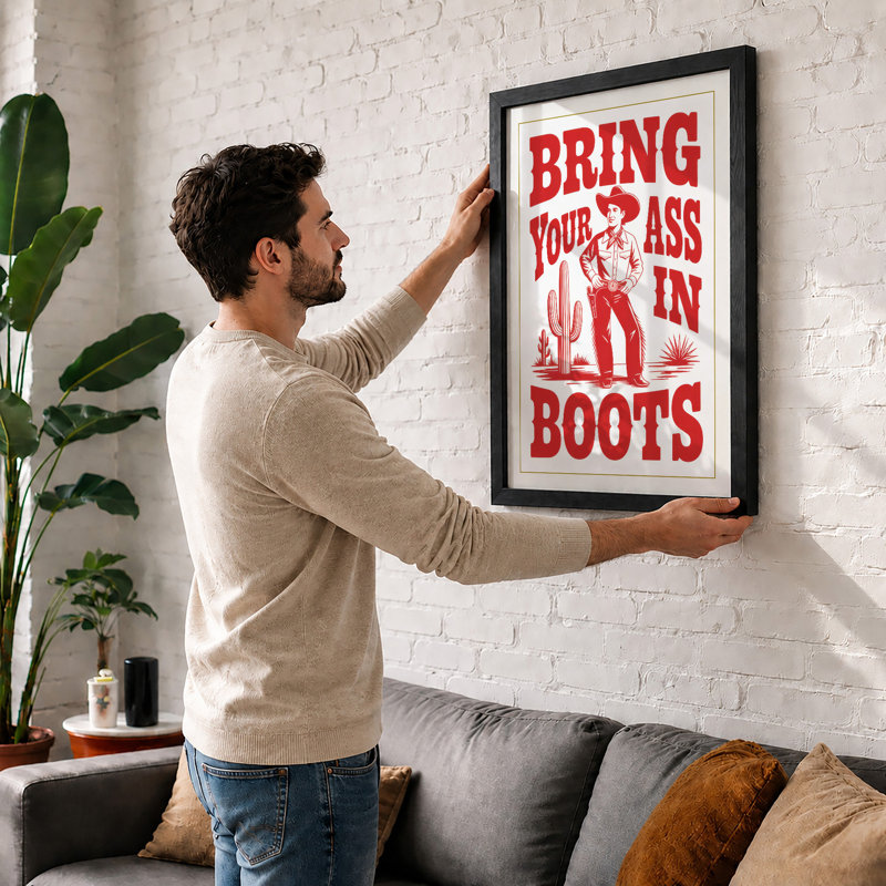 Bring Your Boots West Retro - Print, A1 - 84.1 x 59.4 cm, White