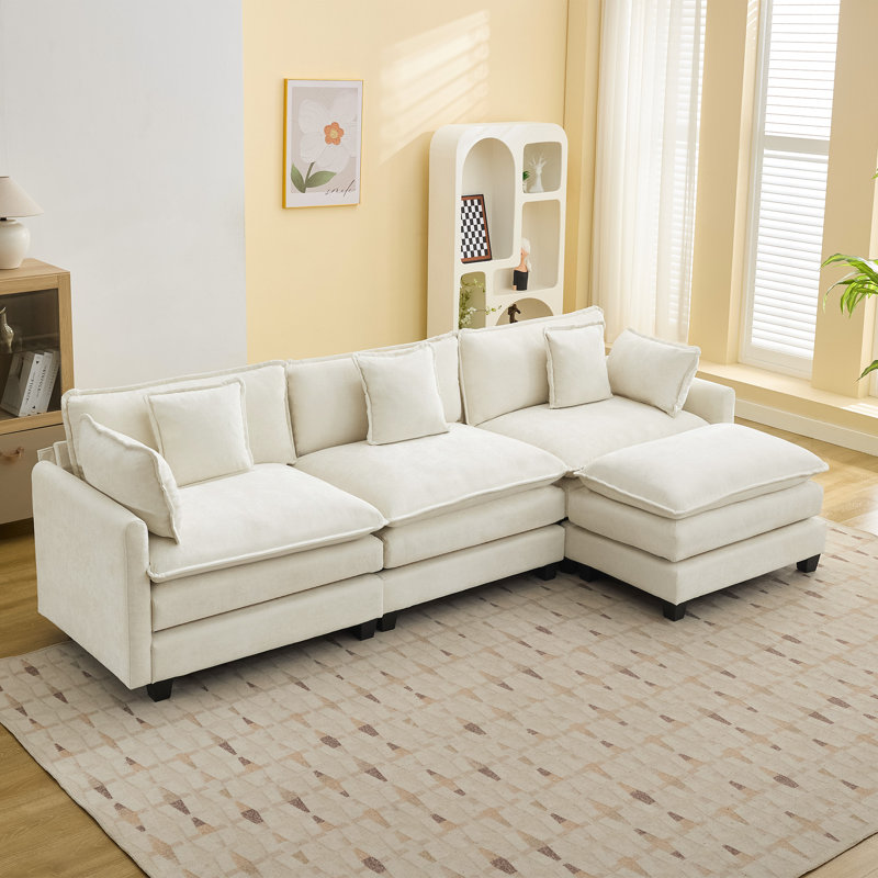 Canapé modulaire rembourré en chenille avec repose-pieds Chenille, 4, Beige