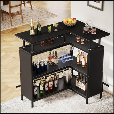 36” X 48” L-Shaped Home Bar Unit With Footrest – Modern Corner Liquor Cabinet With 2-Tier Shelves & Glass Racks, Industrial Mini Bar Table For Home, Kitchen, Or Pub