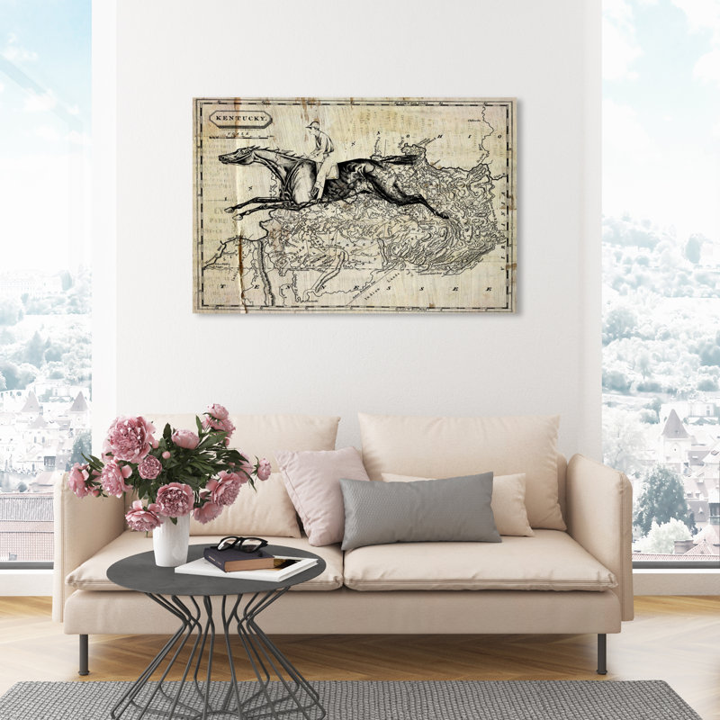 «Kentucky's Horse Vintage Rider Map Rustic White» par Oliver Gal, H 30 po x l 45 po x P 1,5 po