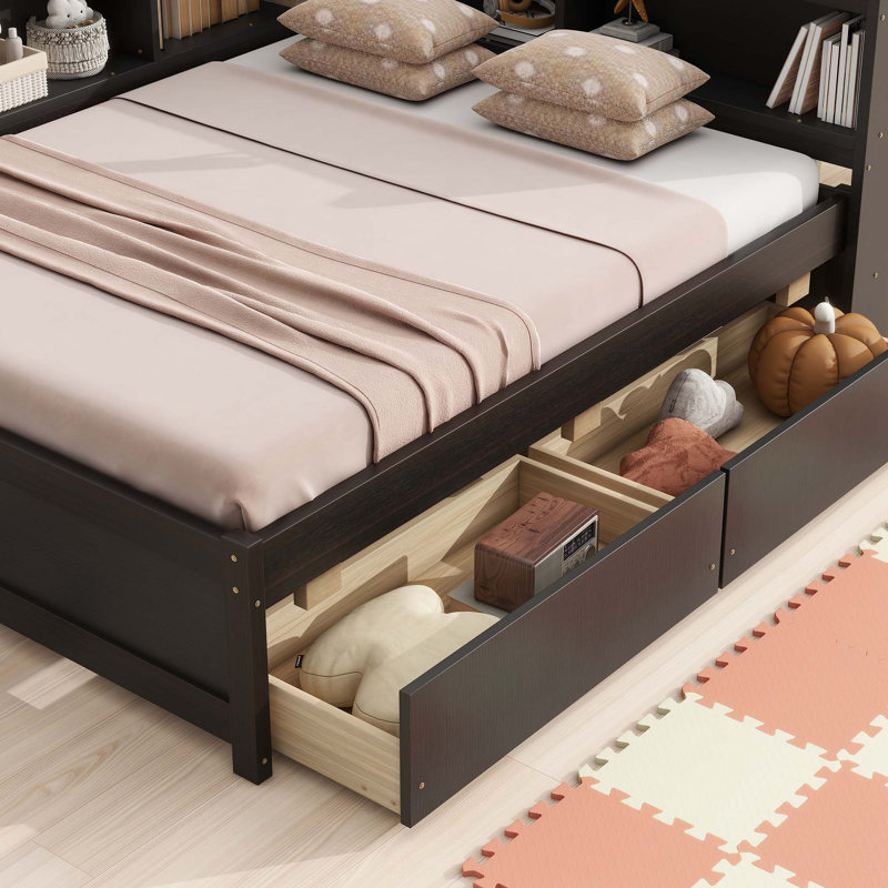 L-Shaped Bookcases Bed With Power Outlets,USB Charging Ports,Two Drawers, Full, Espresso