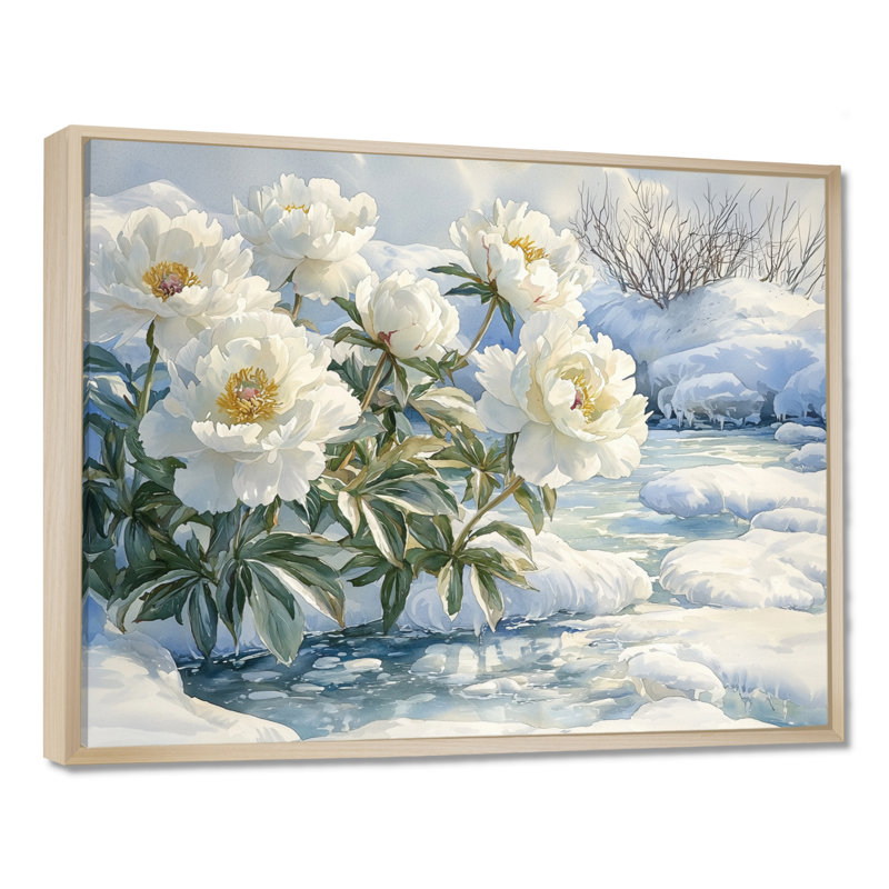 Hiver, pivoines par la glace, rivière couverte III - pivoines, art mural, Toile tendue, Ne s’applique pas, H 24 po x l 32 po
