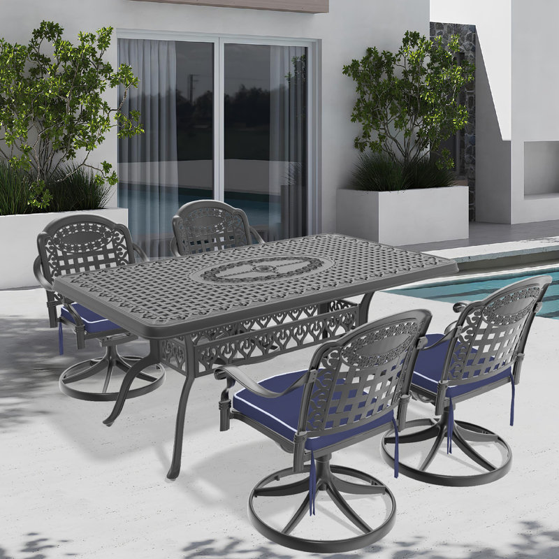 Ensemble de salle à manger 5 pièces en aluminium coulé résistant aux intempéries, comprenant 4 chaises pivotantes et une table rectangulaire avec cadre noir