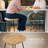 Mason Light Beige Counter Stool with Curved Solid Wood Seat and Black Metal Legs