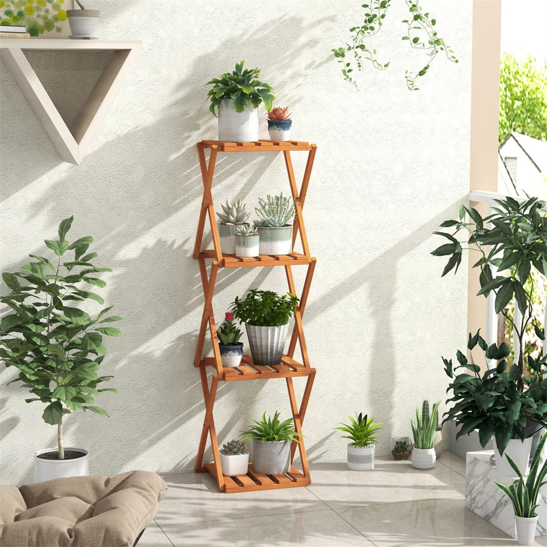 4 Tier Foldable Plant Stand, Folding Tall Plant Shelf Holder With Slatted Shelves, Indoor Outdoor Corner Flower Pot Display Rack Shelving Unit For Gar