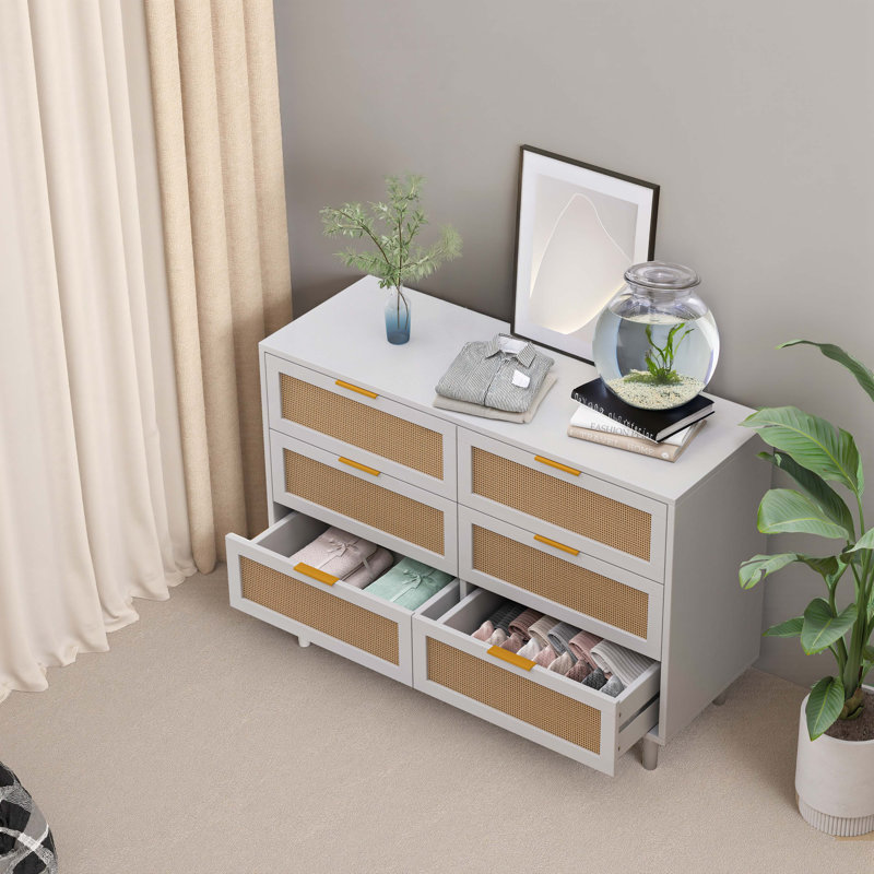 Console en bois avec 6 tiroirs, bois, Blanc