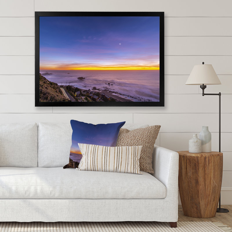 Sunset Over South American Beach - Nautical & Coastal Canvas Wall Art Print, Black Closed Corner Frame, 12" H x 20" W