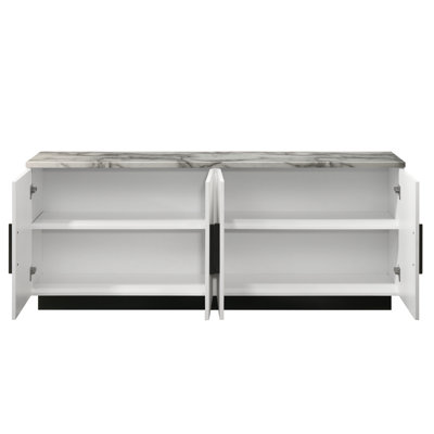 63" White Faux Marble Cabinet Console Table , 4 Doors, Adjustable Shelf, Black Base, As Constituent Of With Marble-Like Surface, Composition