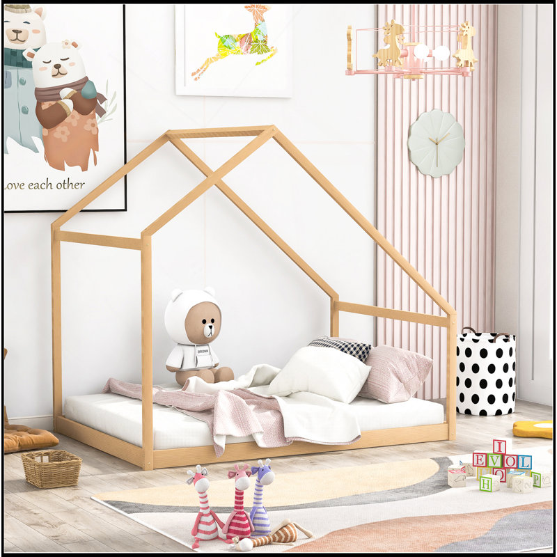 Lit maison en bois, Lit double, Naturel