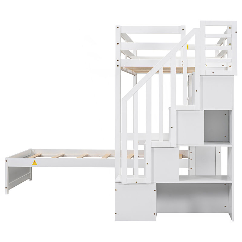 Lit mezzanine simple au-dessus de simple avec bureau intégré et escalier, Blanc
