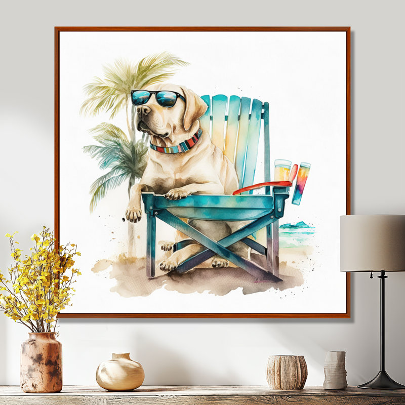 «Dog on Chair at the Beach II», reproduction sur toile, H 24 po x l 24 po, Cadre flottant brun