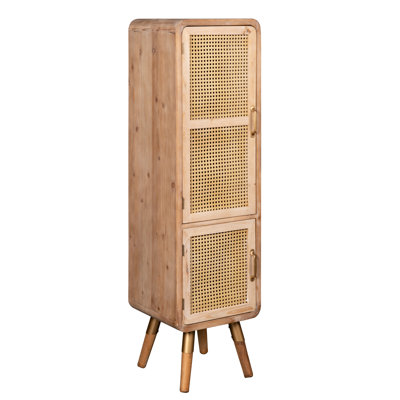 Bot Modern Cane Accent Cabinet with 2 Doors and 3 Shelves, Vertical Wood Storage with Elegant Accents, Mid-Century Contemporary Design by Dakota Fields