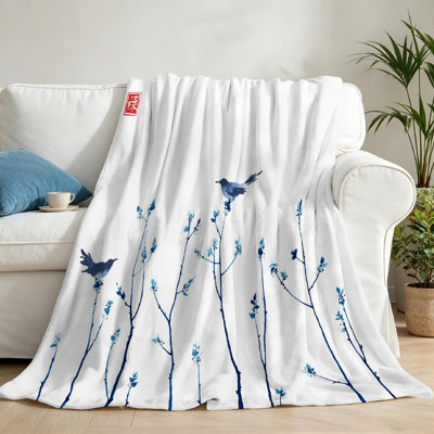 Jeté en molleton transparent ultra doux en flanelle, branches bleues avec imprimé frais d'un seul côté