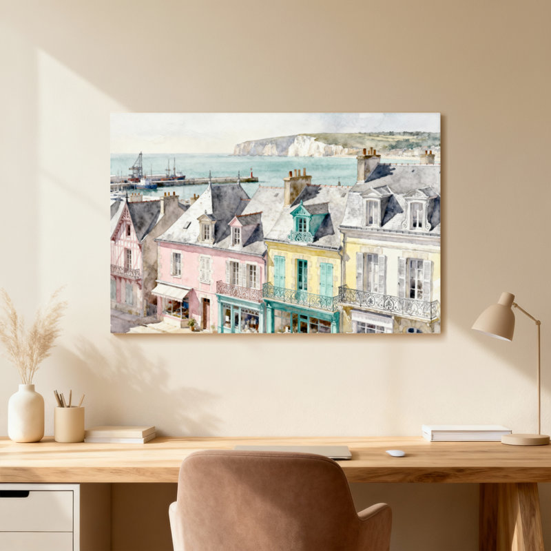 Scène d'aquarelle de ville côtière, H 12 po x l 18 po, Toile tendue, Ne s’applique pas
