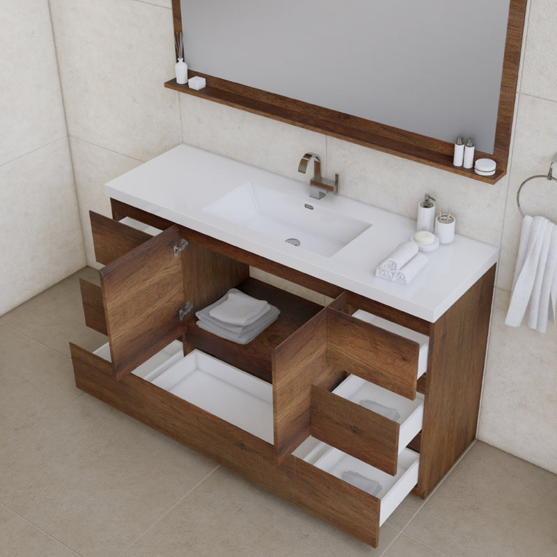 Arjina 60'' Single Bathroom Vanity with Solid Surface Top, Rosewood