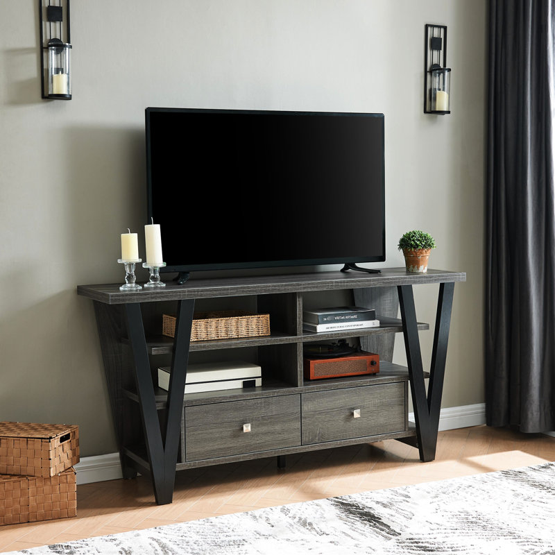 Meuble télé avec 2 tiroirs et 2 tablettes, gris et noir, support de 60 à 69 pouces, gris / noir