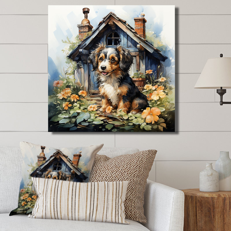 Cozy Cavapoo Cottage - Art mural chien, Toile tendue, H 16 po x l 16 po x P 1 po