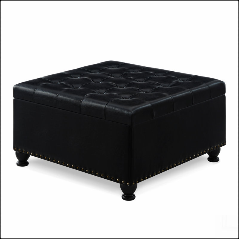 Grand repose-pieds de rangement carré avec pieds en bois, table basse capitonnée à boutons