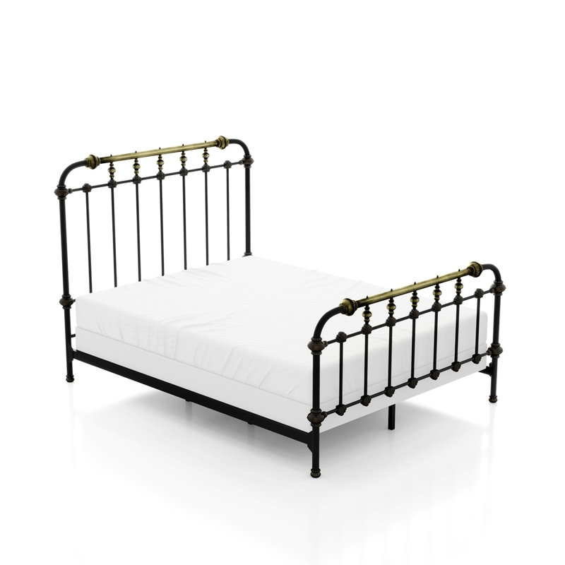 Cadre de lit double en métal de style transitionnel, noir antique, thermolaqué, accents dorés brossés à la main, 7 broches pour la configuration de la chambre à coucher