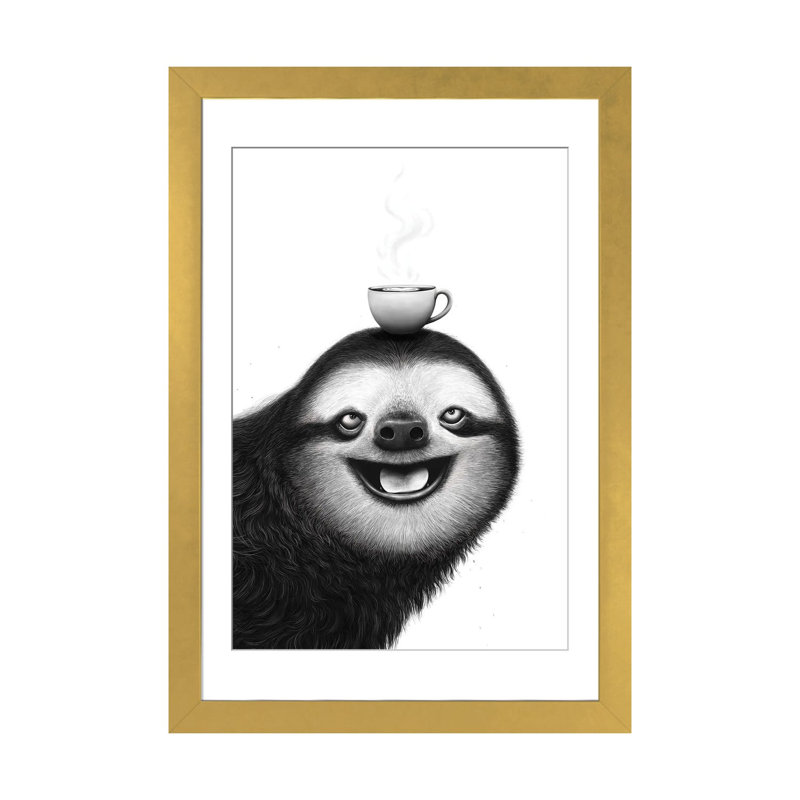 «Sloth With Cappuccino», reproduction d'art sur papier encadré, 32 po x 24 po, Papier encadré, Gold