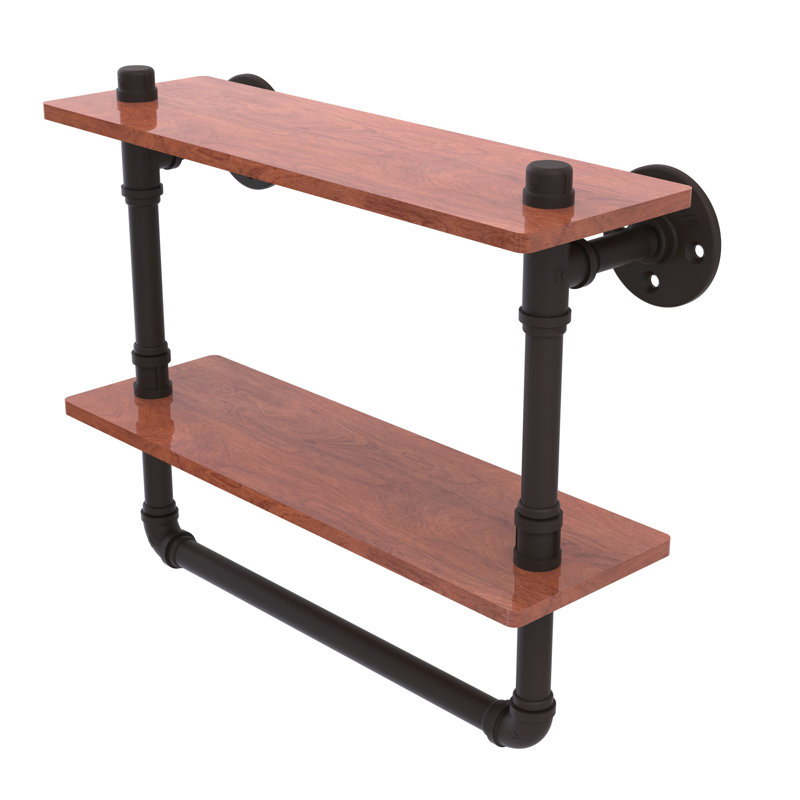 Bayer 2 Piece Walnut Industrial Pipe Shelves, Matte Black, 13.2" H x 16" W x 5.6" D
