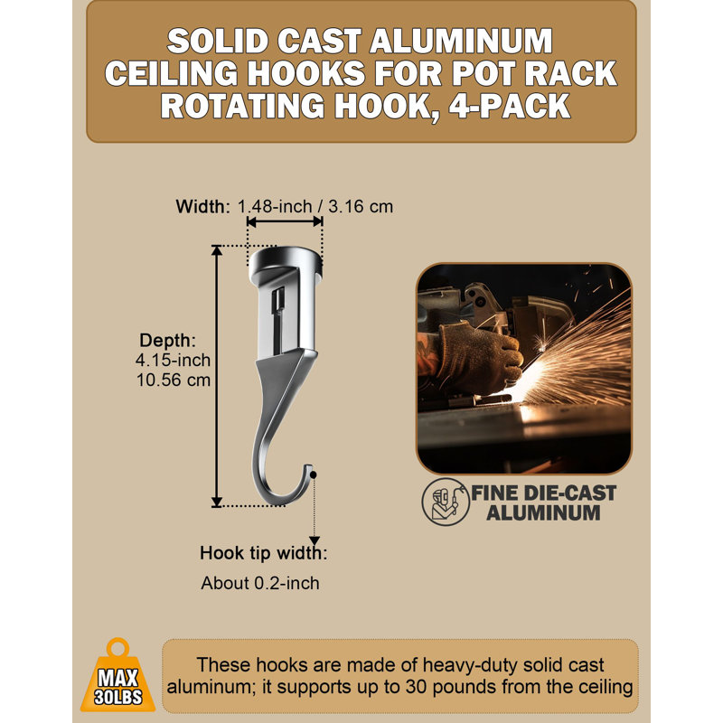 Cooks Standard Classic Hooks, 4 Pack Aluminum Ceiling Hooks for Pot Rack, 30 lbs Max Load Heavy Duty Kitchen Hooks Hanger , Waterproof and Oilproof