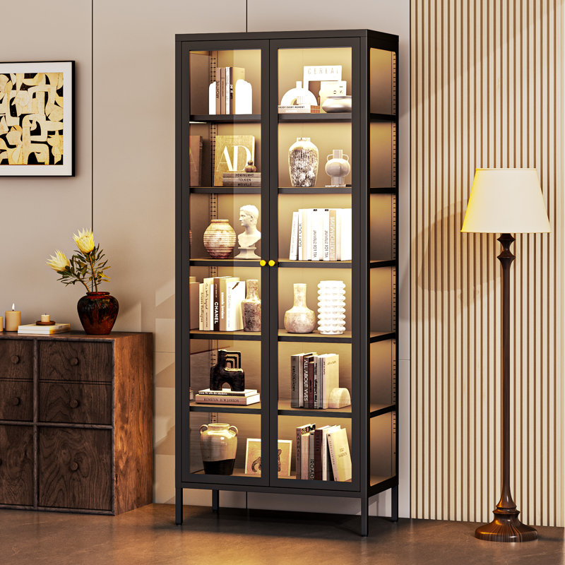 3-Sided Glass Dining Cabinet With Lights, Metal Display Stand, Black