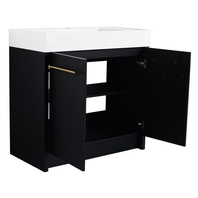 Armoire de salle de bain 36 po avec lavabo en résine et porte de fermeture sans tracas - meuble-lavabo autoportant en châtaignier noir et design 36 po