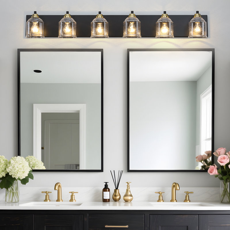 Modern Farmhouse Dimmable Bathroom Vanity Light with Seeded Glass and One-Piece Backplate, 6, Matte Black/Gold