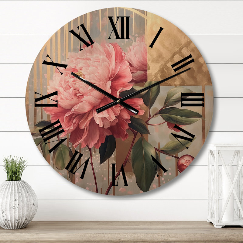 Horloge murale surdimensionnée avec pivoines roses et jaunes, Petit