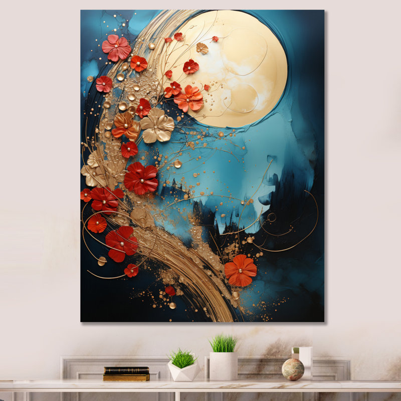 Or rouge abstrait fractal doré et rouge sur toile, H 40 po x l 30 po x P 1,5 po, Toile tendue