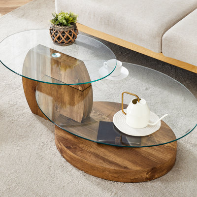 Double Layer Natural Wood Grain Coffee Table With Tempered Glass Oval Countertop, Stable Structure, Multiple Color Options For Home Styling Wear - Glass, Creative Base, Ideal Daily Living