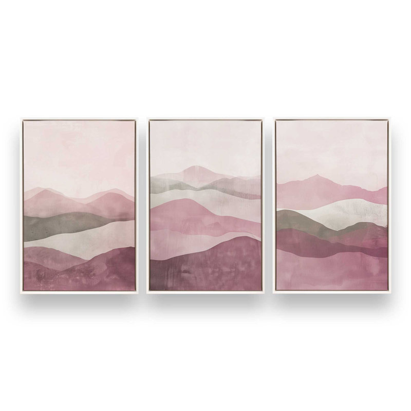 Ensemble de 3 brumines rose Fluorite, H 19 po x l 39 po, Cadre flottant blanc opaque