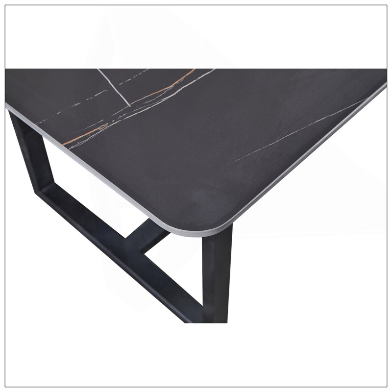 Table de salle à manger en acier au carbone avec surface en pierre noire Lauren - supporte jusqu'à 71 kg