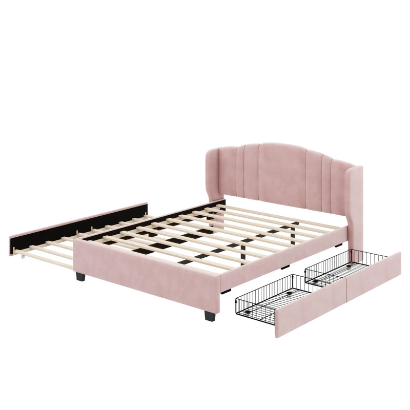 Elegant Queen-Size Upholstered Platform Bed With Wingback Headboard, Trundle Option, And Dual Storage Drawers, Pink