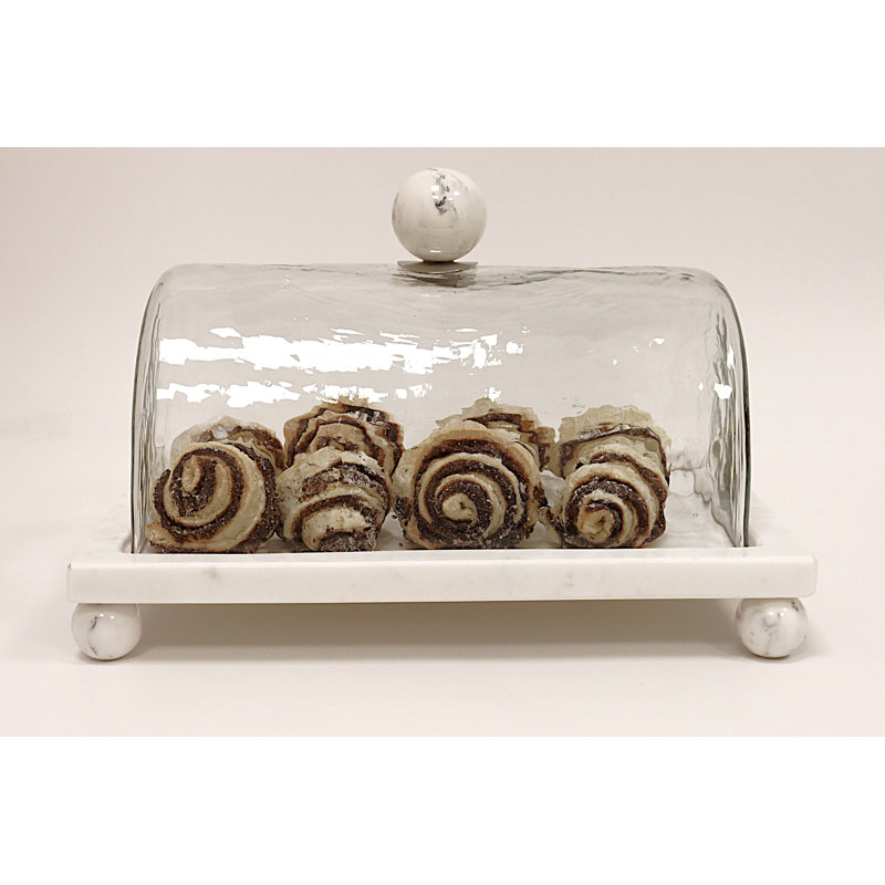 Plat à gâteau en marbre avec couvercle en verre et poignée boule - L 10,4 po, Blanc / marbre