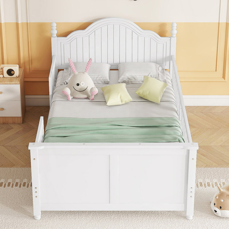 Lit simple pour enfants, lit plateforme simple en bois avec tête et pied de lit, Lit simple, Blanc