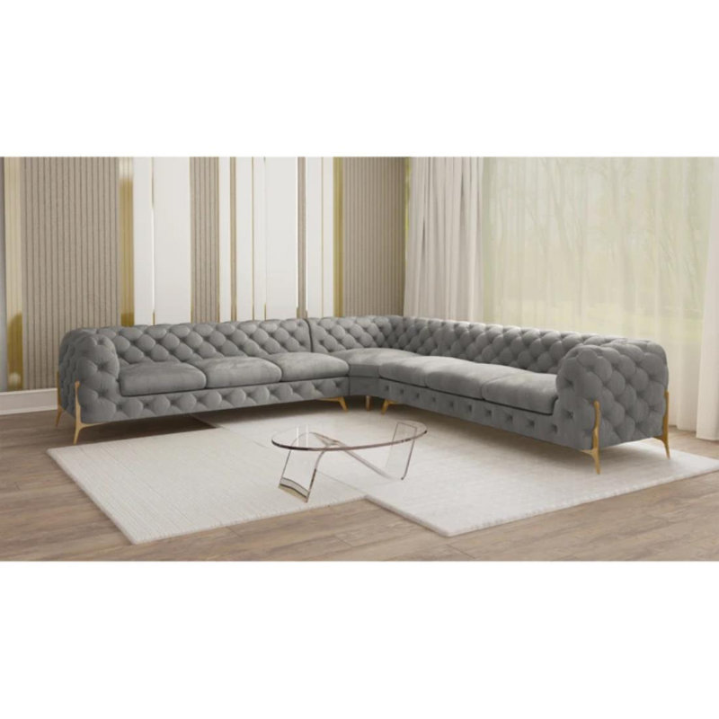 L-shape Corner Chesterfield Sofa  with Gold Metal Legs, Grey