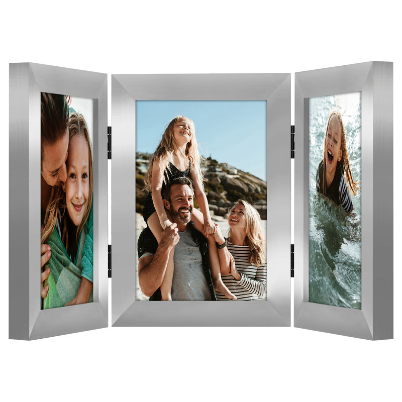 Cadre à charnières pour bureau trois photos - Bois composite et verre incassable, Argent, 4 po x 6 po
