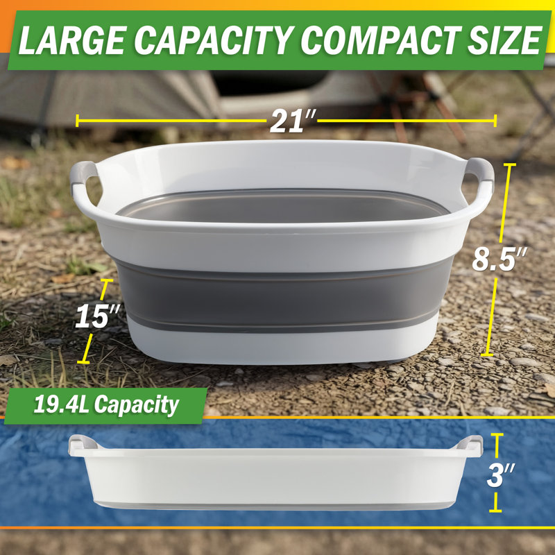 Collapsible Wash Basin - 20L Portable Sink with Drain Plug - Foldable Plastic Tub Dish Pan for Camping Gear, Handwashing Laundry, Vegetables, Dishes, Bottles, or RV Dishpan (Gray)