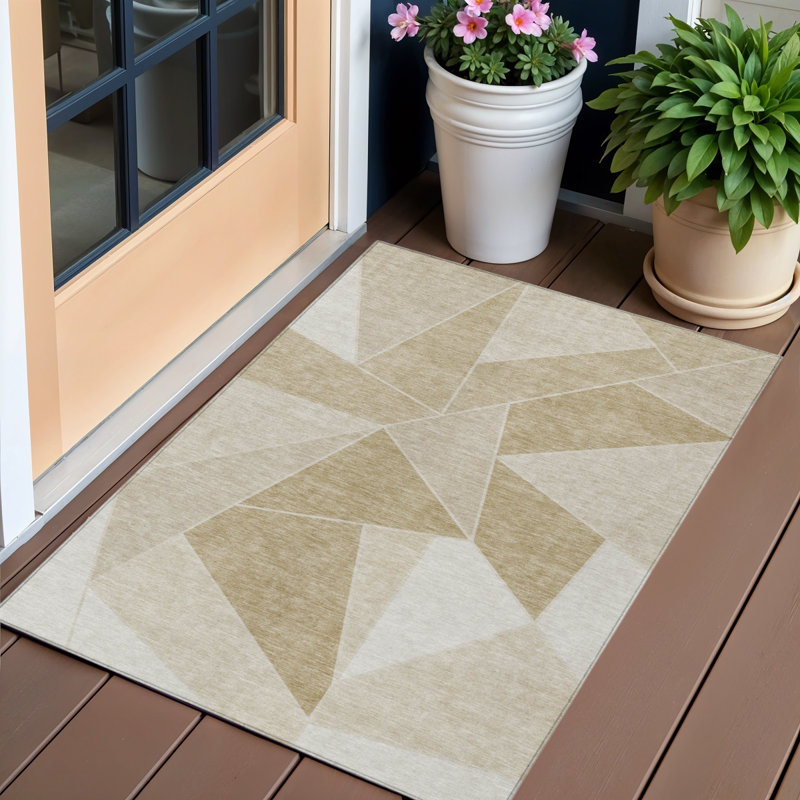 3' X 5' Beige Tan And Ivory Geometric Washable Indoor Outdoor Area Rug